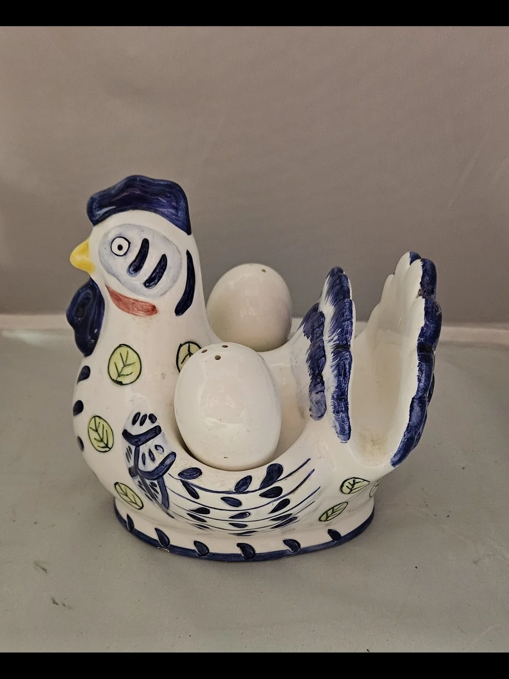Hand-Painted Ceramic Hen Salt & Pepper Set Napkin Holder - White and Blue